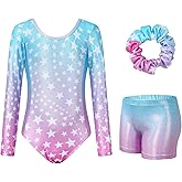 JiAmy Gymnastics Leotards for Girls Cross Back, Long Sleeve Sparkly Dance Biketards with Shorts Ballet Outfit for 3-12 Years