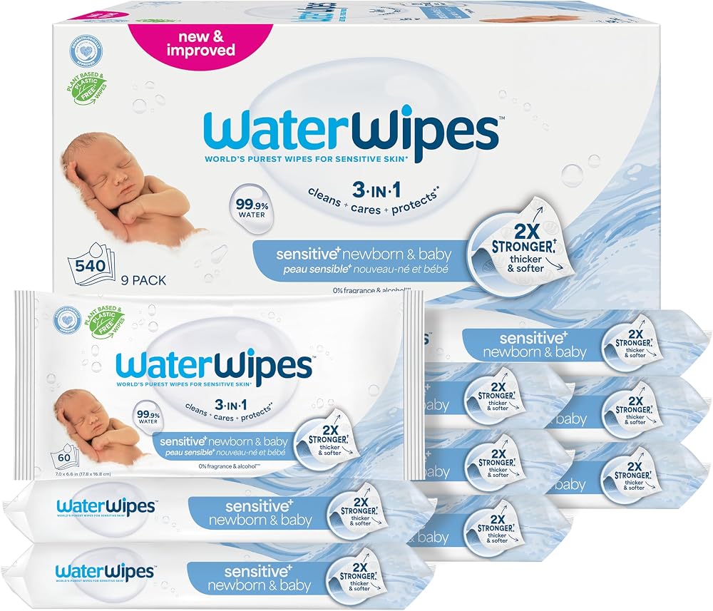 WaterWipes Sensitive+ Newborn & Baby Wipes, 3-In-1 Cleans, Cares, Protects, 99.9% Water, Unscented & Hypoallergenic, 540 Coun