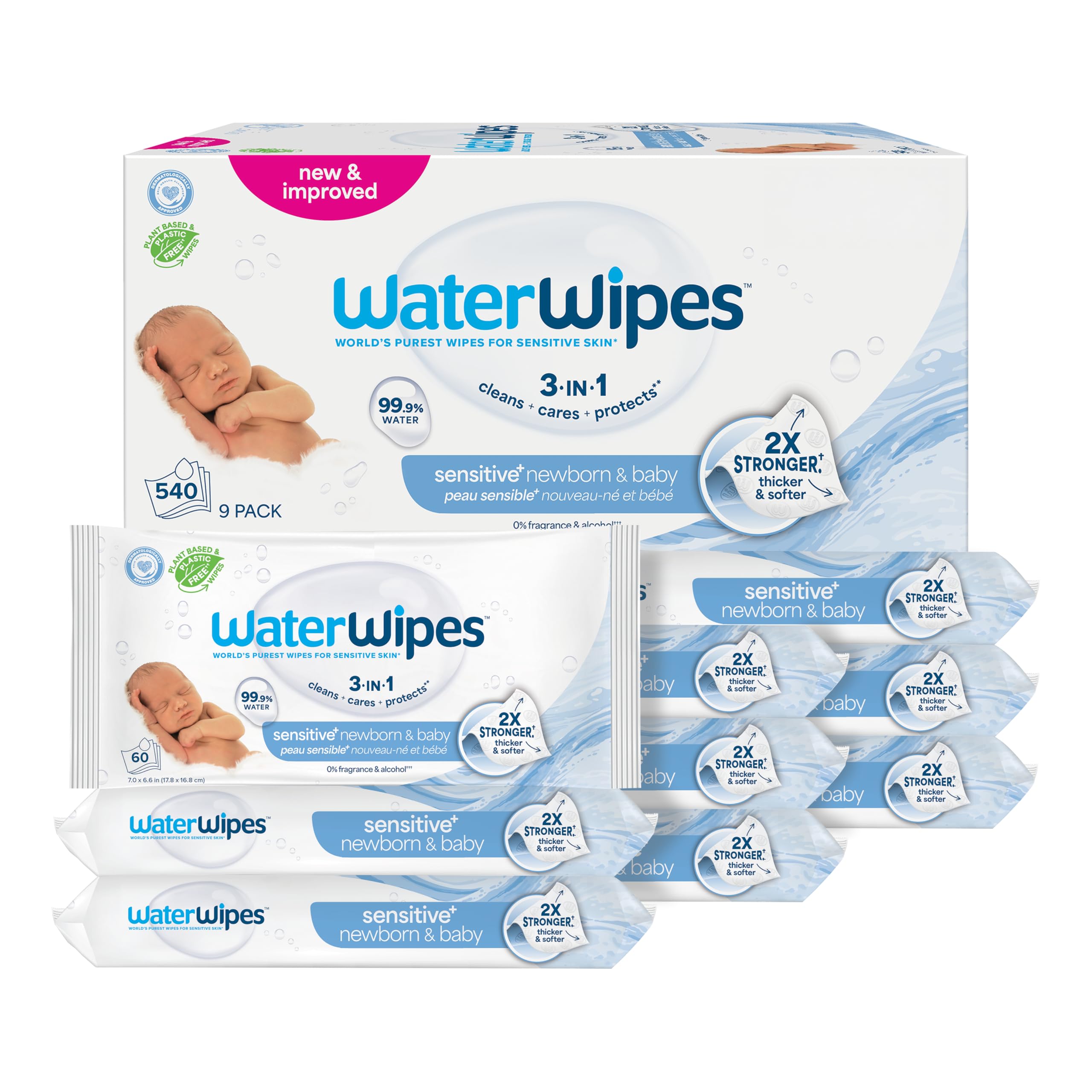Photo 1 of WaterWipes Sensitive+ Newborn & Baby Wipes, 3-In-1 Cleans, Cares, Protects, 99.9% Water, Unscented & Hypoallergenic, 540 Count (9 Packs)
