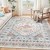 Carpelux 5x7 Area Rugs, Washable Living Room Rug, Vintage Boho Carpet, Non Slip & Stain Resistant, Ultra Thin Large Carpets for Bedroom Indoor Dining Under Table Home Decor, Orange/Light Blue