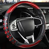 QCYP PU Leather Car Steering Wheel Cover with Anti-Slip Grip, for Women and Men, Universal Fit for 14.5-15 Inch Cars, Trucks, SUVs (Red (Round), Medium(Standard) Size[14 1/2''-15''])