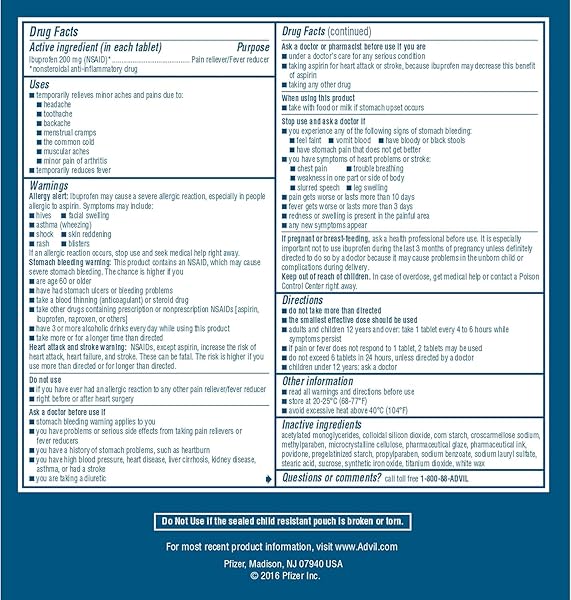 ADVIL IBUPROFEN TABLETS, 200 MG PAIN RELIEVER/FEVER REDUCER (NSAID), 100 TABLETS (50 PACKETS OF 2 TABLETS EACH)