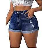 WDIRARA Women's Plus Size Ripped Denim Shorts High Waisted Roll Up Hem Skinny Jean Shorts