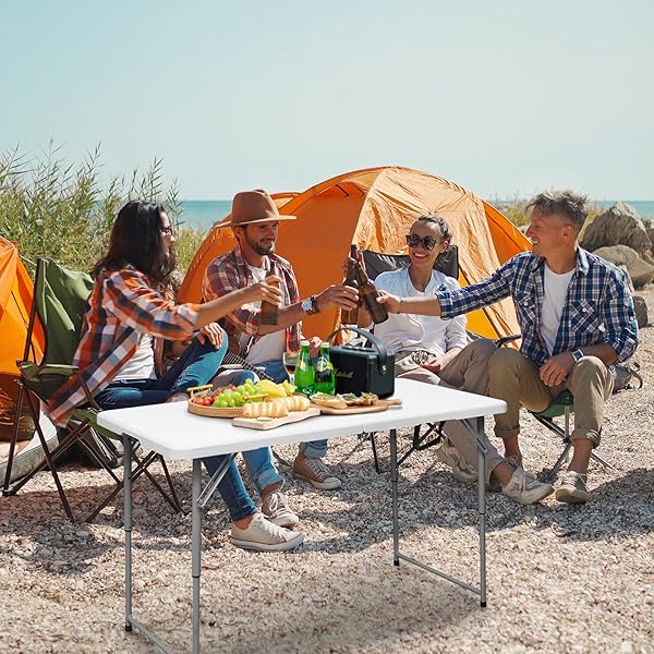 BYLIABLE FOLDING TABLE 4 FOOT PORTABLE HEAVY DUTY PLASTIC FOLD-IN-HALF UTILITY TABLE SMALL INDOOR OUTDOOR ADJUSTABLE HEIGHT FOLDING WITH CARRYING HANDLE, CAMPING AND PARTY,WHITE
