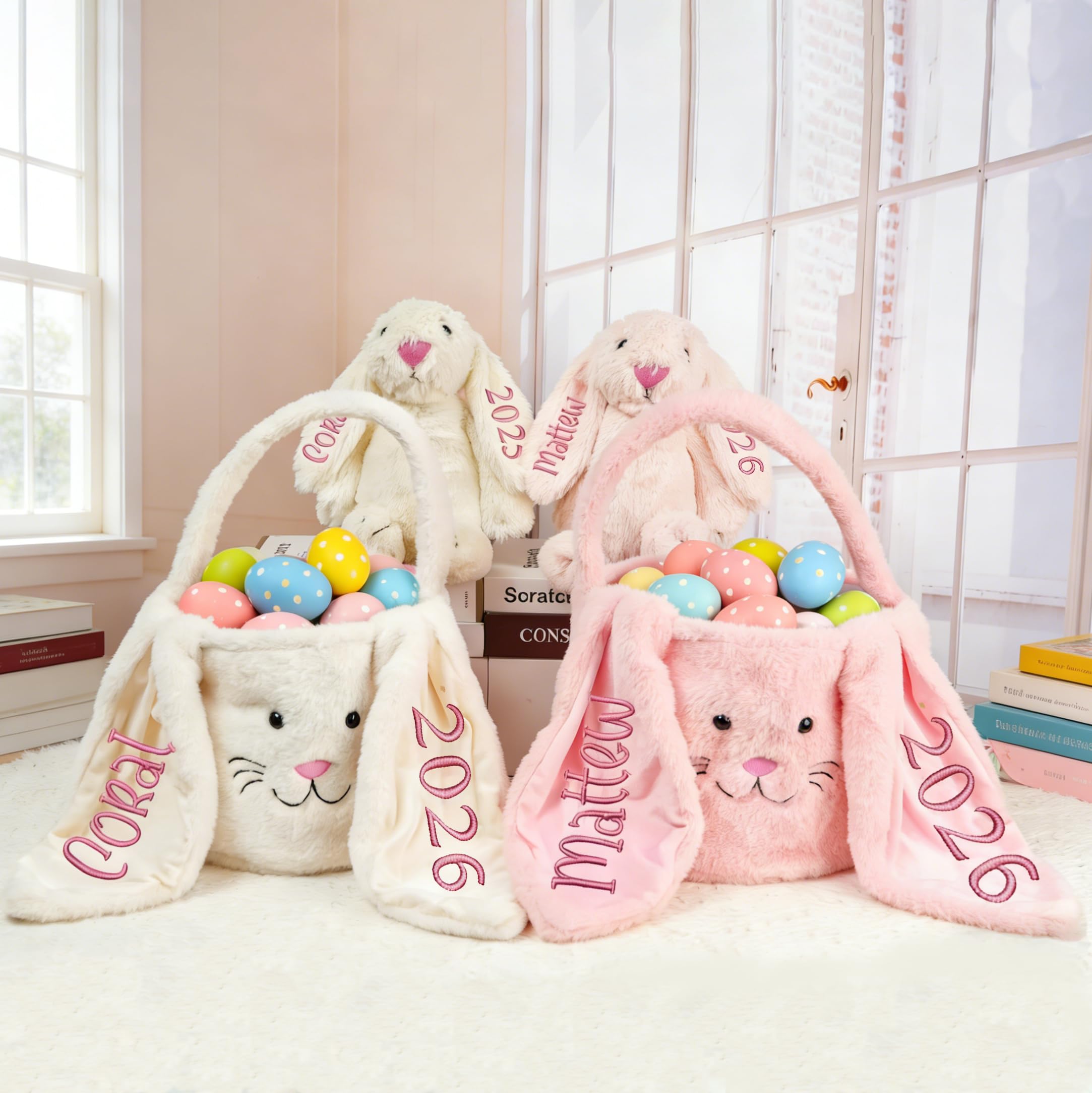 Personalized Easter Baskets for Kids, Custom Embroidered Bunny Basket with Name, Easter Gift Decor for Baby Boys Girls，Easter Eggs Hunt Basket with Long Plush Ear