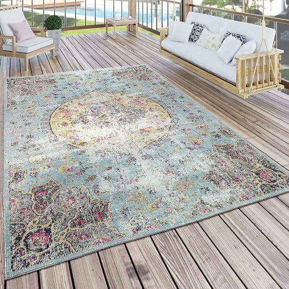 Paco Home Indoor & Outdoor Rug Oriental Pastel Turquoise Pink Yellow