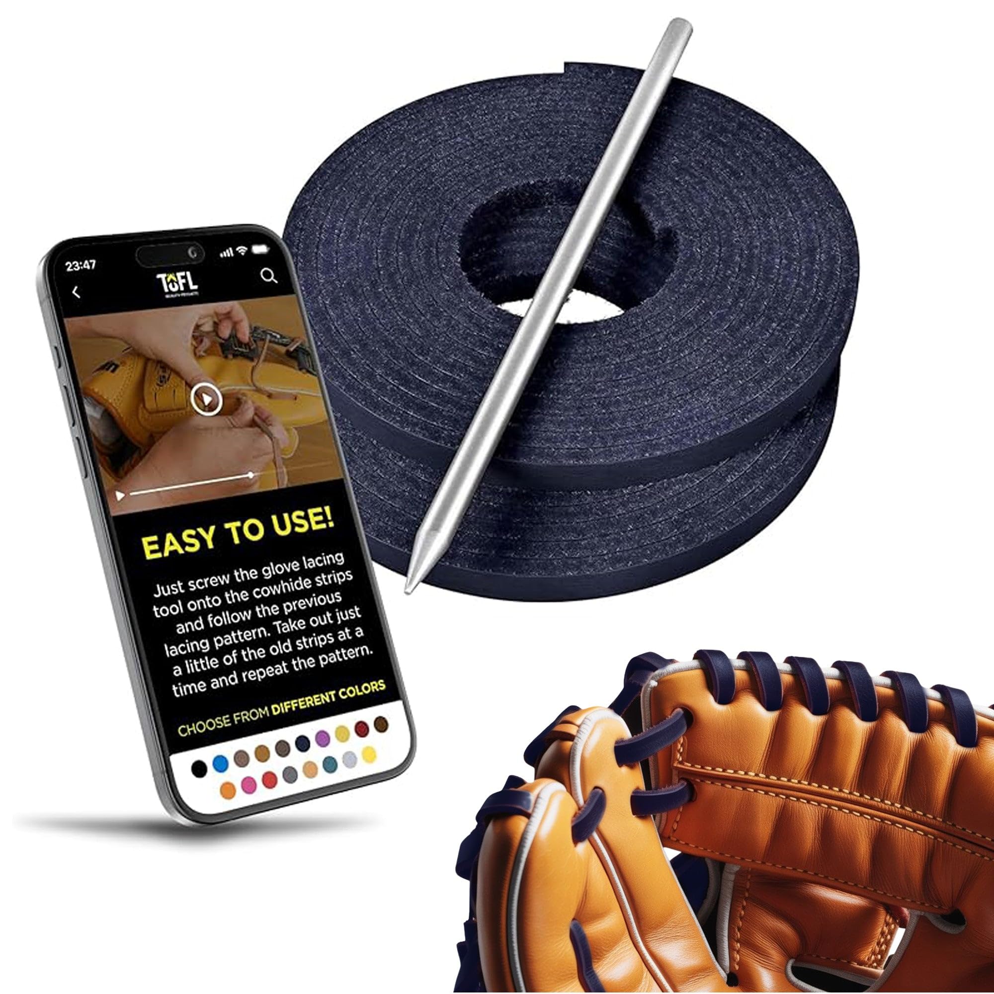 TOFL Softball and Baseball Mitt Lace Kit | 2 Leather Laces with Lacing Needle for Catchers Glove | Dark Navy Blue