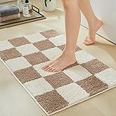 Luxury Microfiber Checkered Bath Mats, Beige and White Checkerboard Bathroom Rug Retro Boho Farmhouse Aesthetic Bath Decor for Bathroom, Tub, Sink, Shower, Anti Slip, Absorbent, Washable, 32x20