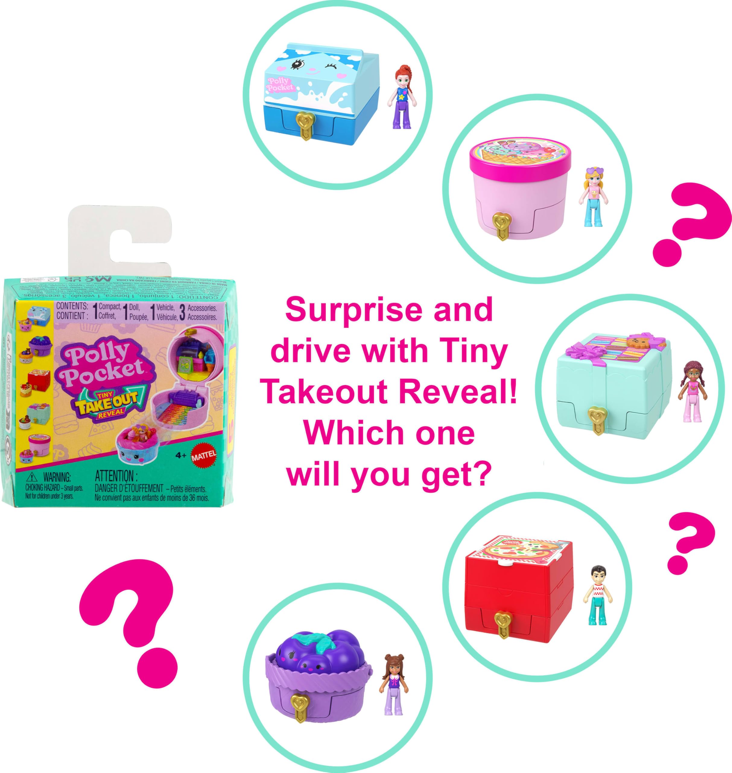 Polly Pocket Micro Dolls & Compacts with Toy Cars, Food Theme Vehicle Collection, Tiny Take Out Reveal Assortment with Surprises