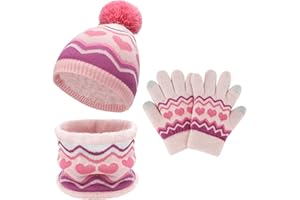 Toddlers Kid Winter Knit Pom Beanie Hat Scarf Neck Warmer Touchscreen Gloves Set for 2-7 Years Old Girl Boy