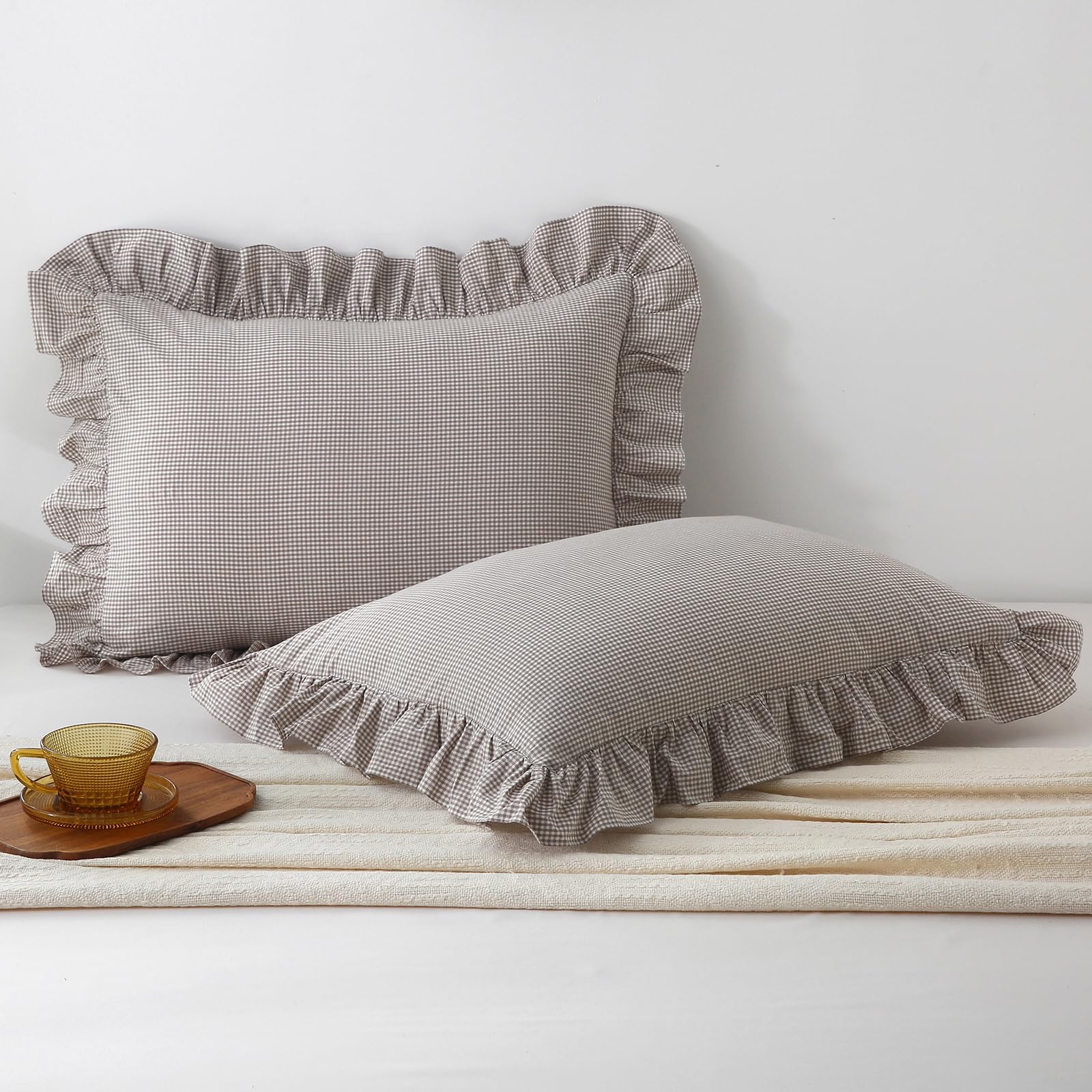 Photo 1 of 2 Pack Brown White Plaid Gingham Ruffle Pillow Shams Standard Size 20x26 inches, 100% Washed Cotton Checkered Farmhouse Pillow Covers for Bed/Sofa (20x26 inches,Brown/White Plaid)