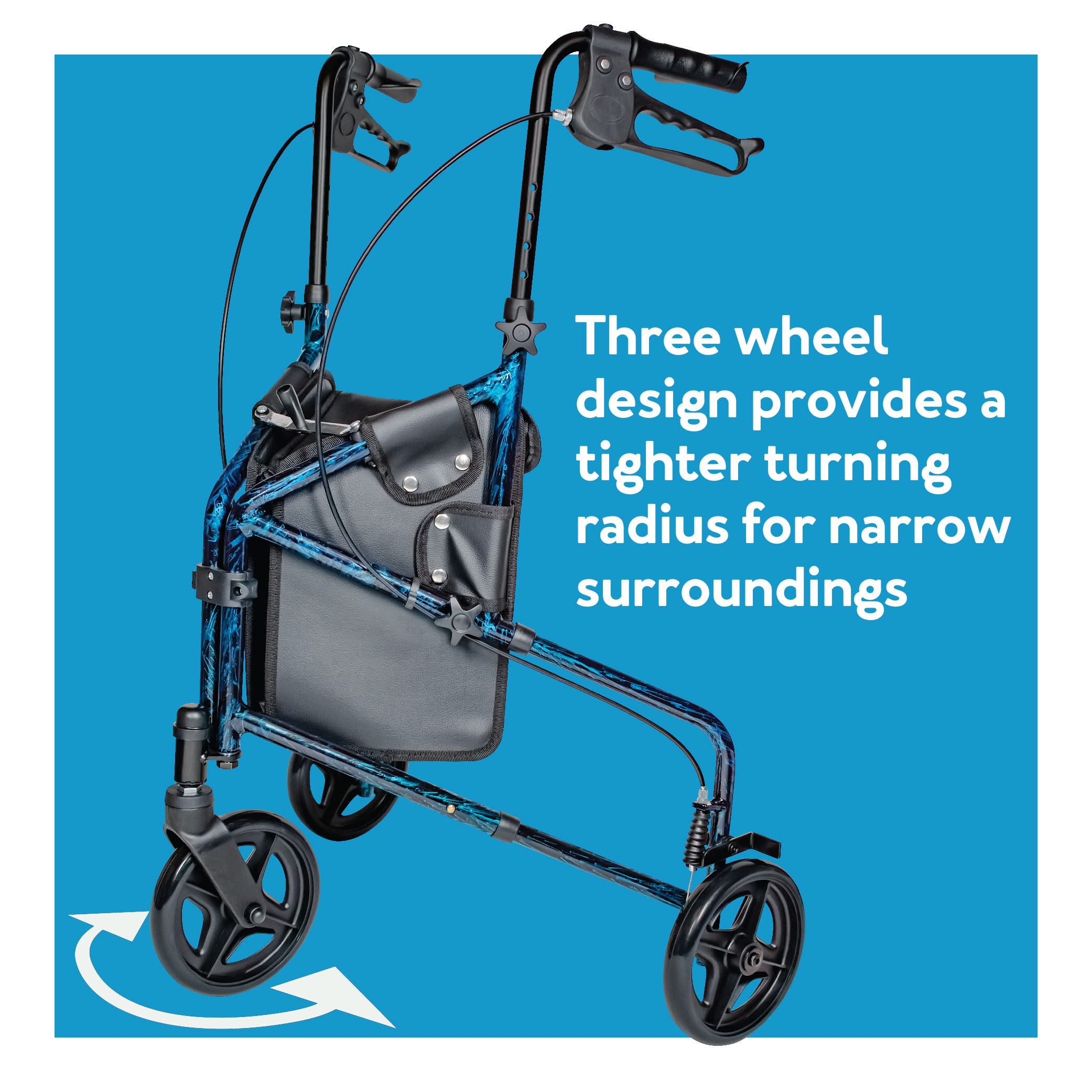 Carex 3 Wheel Walker for Seniors, Foldable, Rollator Walker with Three Wheels, Three Wheel Rolling Walker Height Adjustable for Seniors, Blue, Trio, Folding