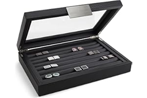 Glenor Co Cufflink Box for Men - Holds 70 Cufflinks - Luxury Display Jewelry Case Design - Metal Buckle Holder, Large Glass Top