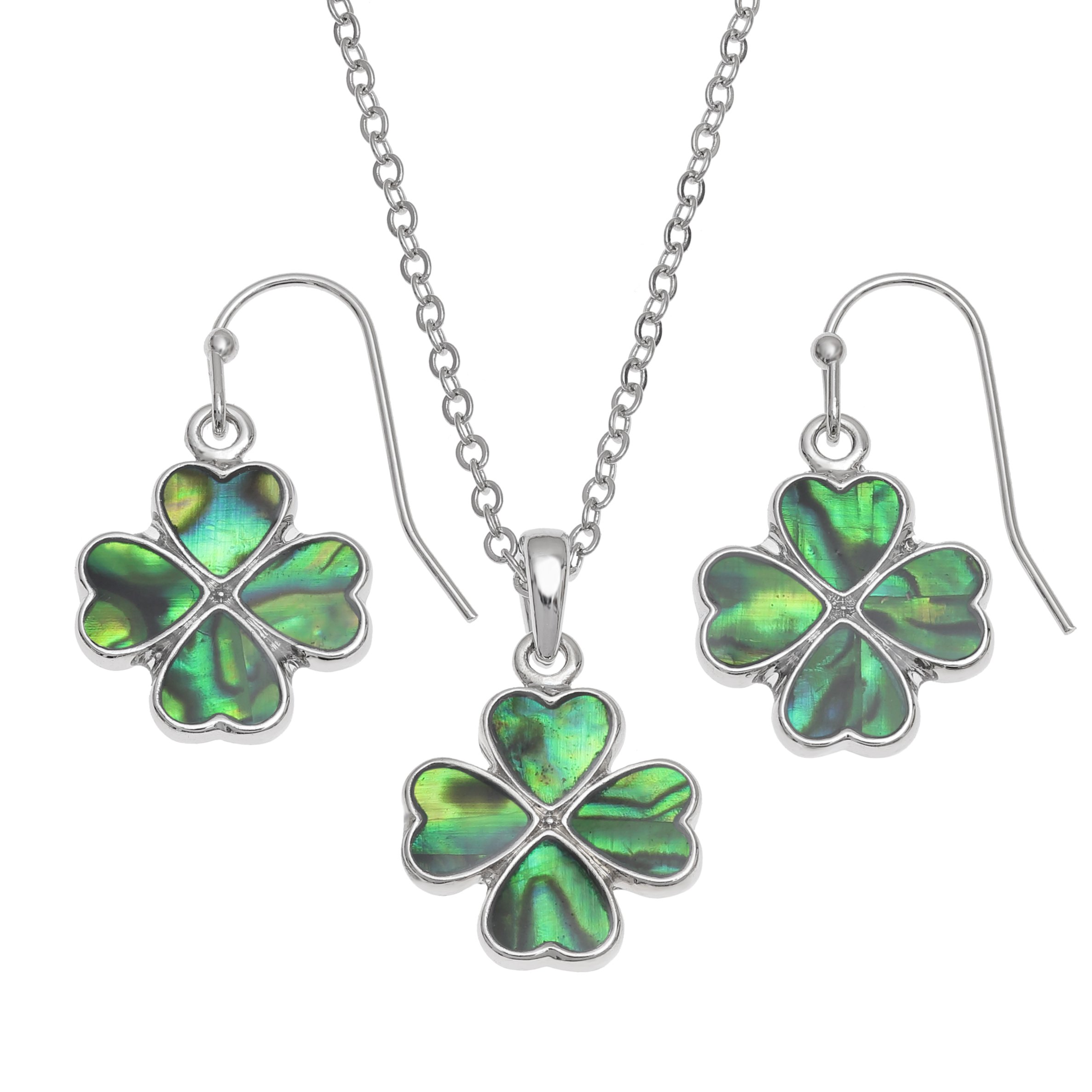 Kiara Jewellery Four Leaf Clover Boxed Set of Pendant Inlaid With Natural green Paua Abalone Shell on 18" Trace Chain Together With Matching Hypoallergenic Rhodium plated Earrings.