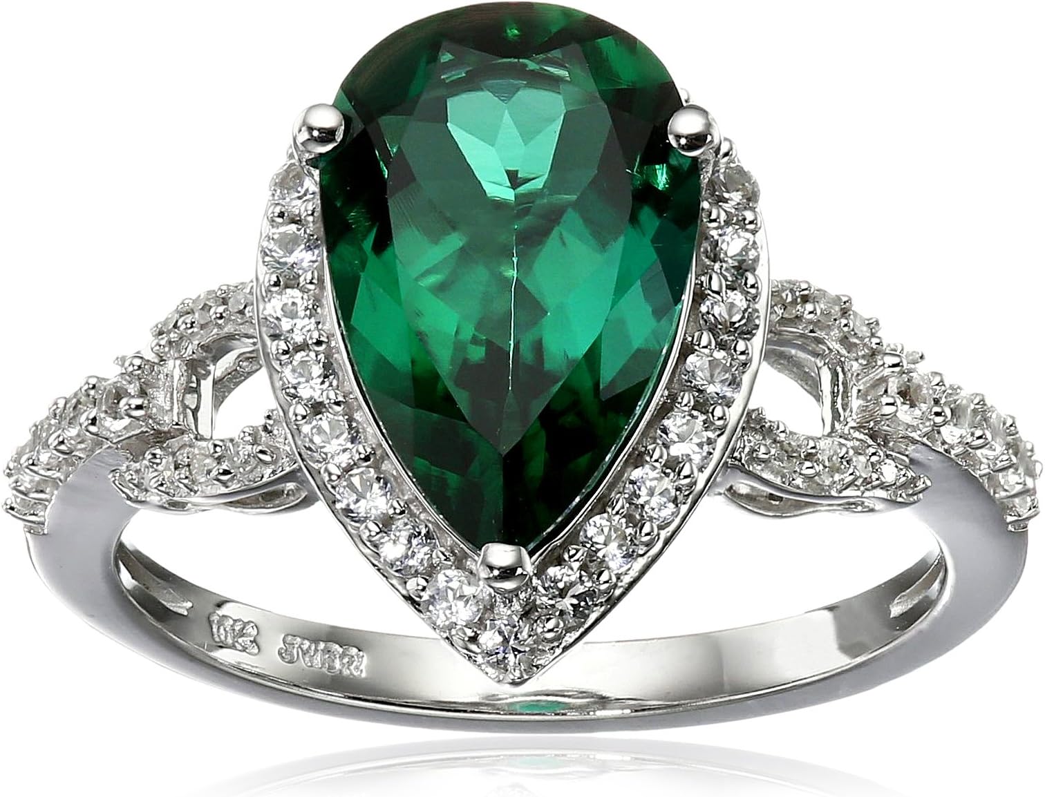 Jewelili 10K White Gold Created Emerald with Created White Sapphire Teardrop Ring, Size 7