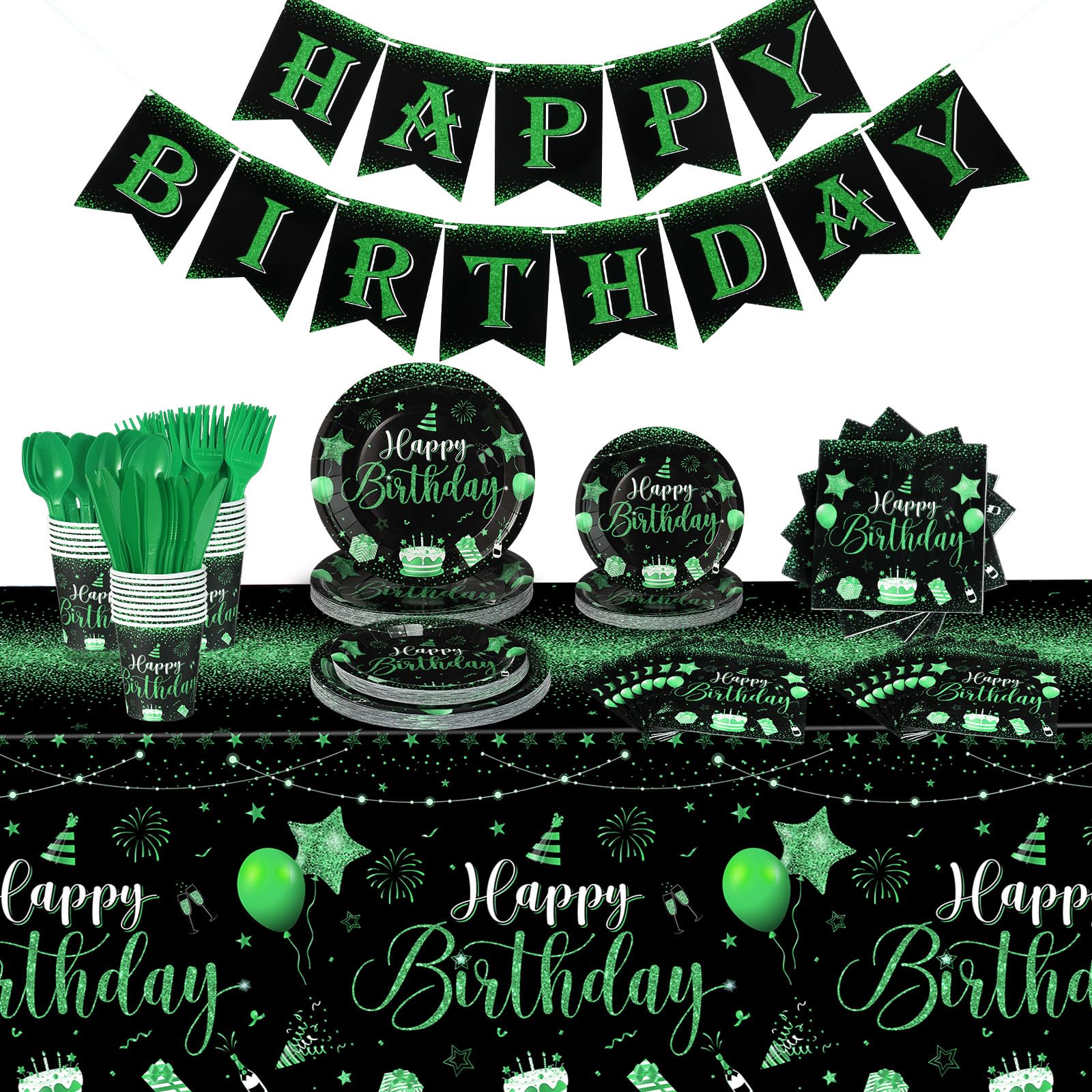Photo 1 of Vesici 171 Pcs Happy Birthday Party Supplies 24 Set Disposable Party Tableware include Plates Cups Napkins Cutlery and Banner Tablecloth Birthday Dinner Decorations for Men Woman(Black, Green)