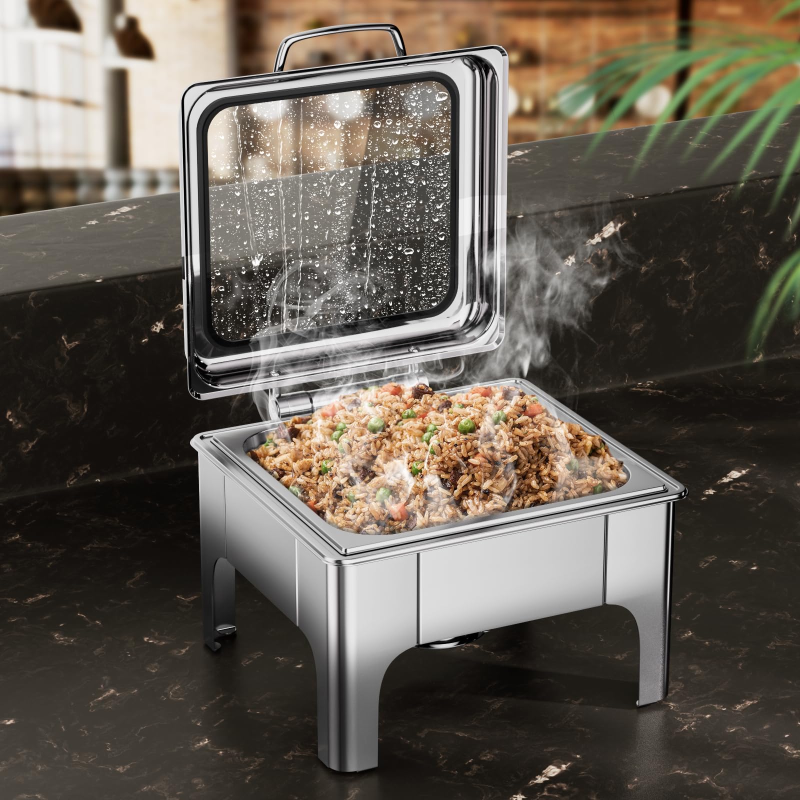 Photo 1 of Chafing Dishes for Buffet, 6QT Square Stainless Steel Chafing Dish with Transparent Hydraulic Lid, 304 Food Pan, Buffet Warmer for Parties and Events (Silver)