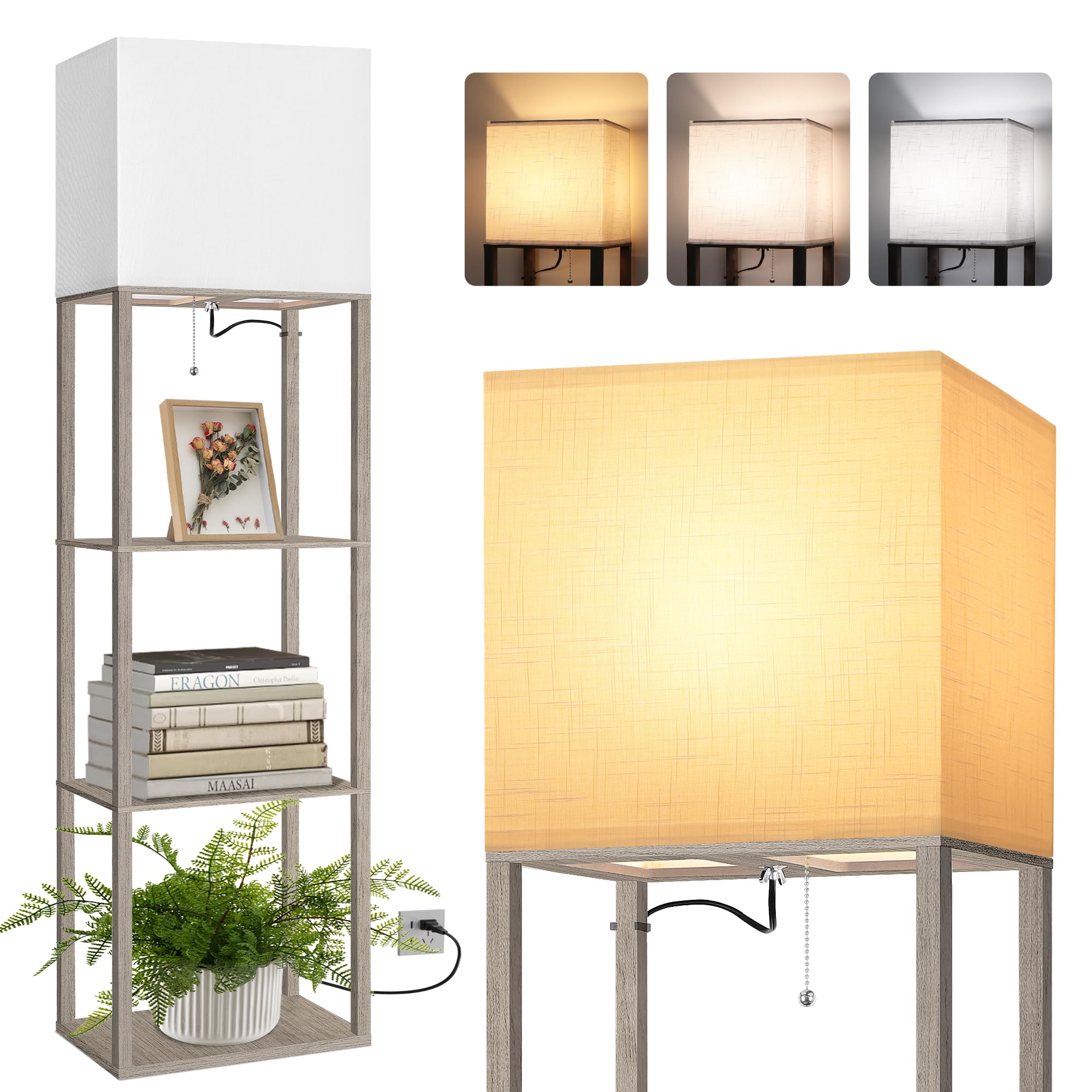 Photo 1 of Dott Arts Floor Lamp with Shelves, Wide Floor Lamps for Living Room Display Shelf Lamps with 3 Color LED Bulb,Storage Wood Modern Floor Lamp for Bedroom Standing Lamp for Living Room Office?Grey?