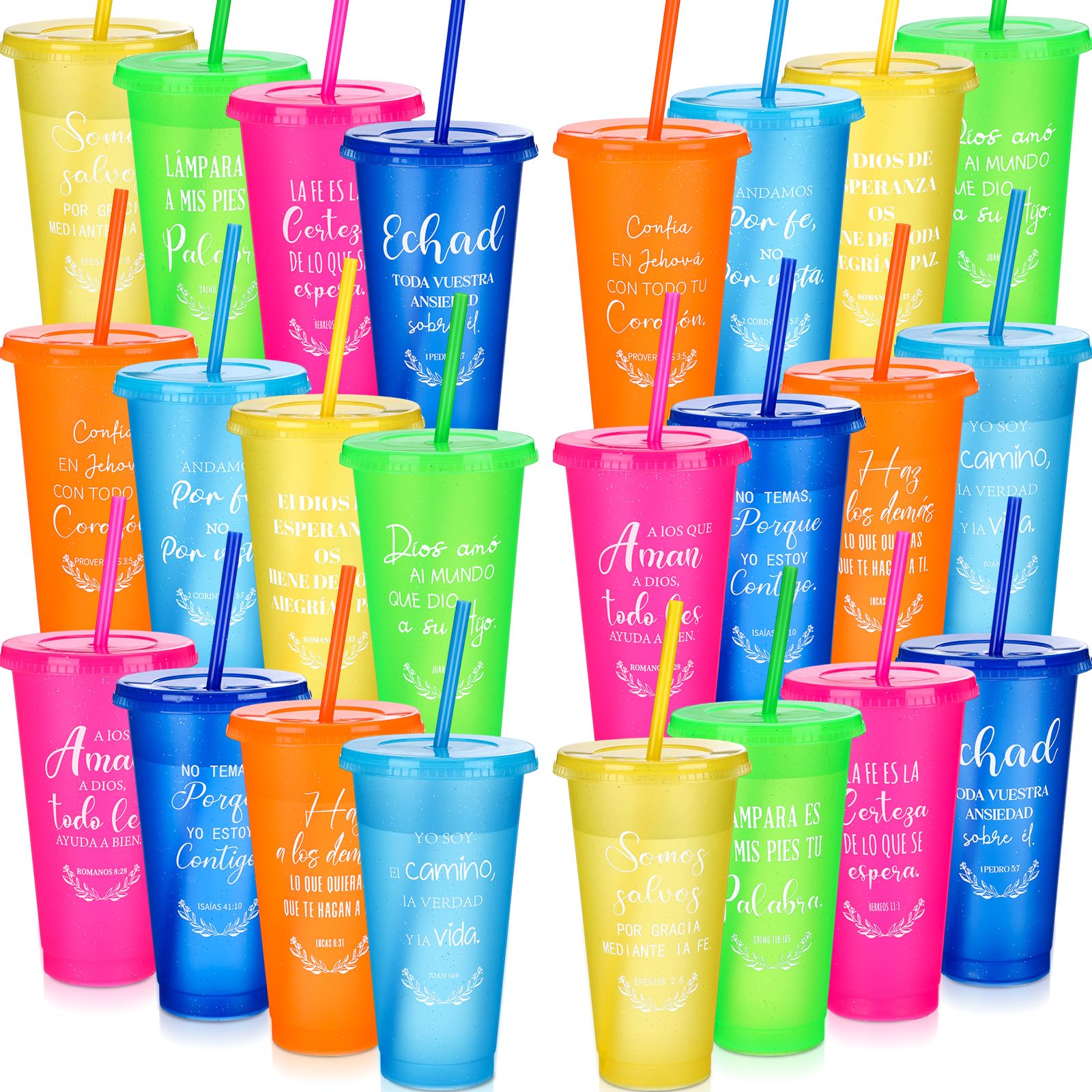 Photo 1 of Funnymoom 24 Packs Inspirational Christian Gift for Women Men Spanish Bible Verse Tumbler Bulk 24 oz Plastic Tumblers with Lids and Straw Religious Cup Church Gifts for Sunday School (Fresh Colors)