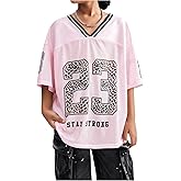 BEAUDRM Girl's Jersey Shirts Leopard Number Print Jersey Shirt Cheetah V Neck Half Sleeve Oversized Tee Tops