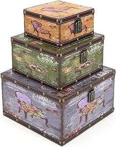 Jolitac Wood Storage Box Set of 3, Vintage Decorative Nesting Boxes Wooden Treasure Storage Crates With Latch Rustic Antique Box Set, Home Decor Boxes With Lid for Keep Photos, Jewelry, Cash (Chair)