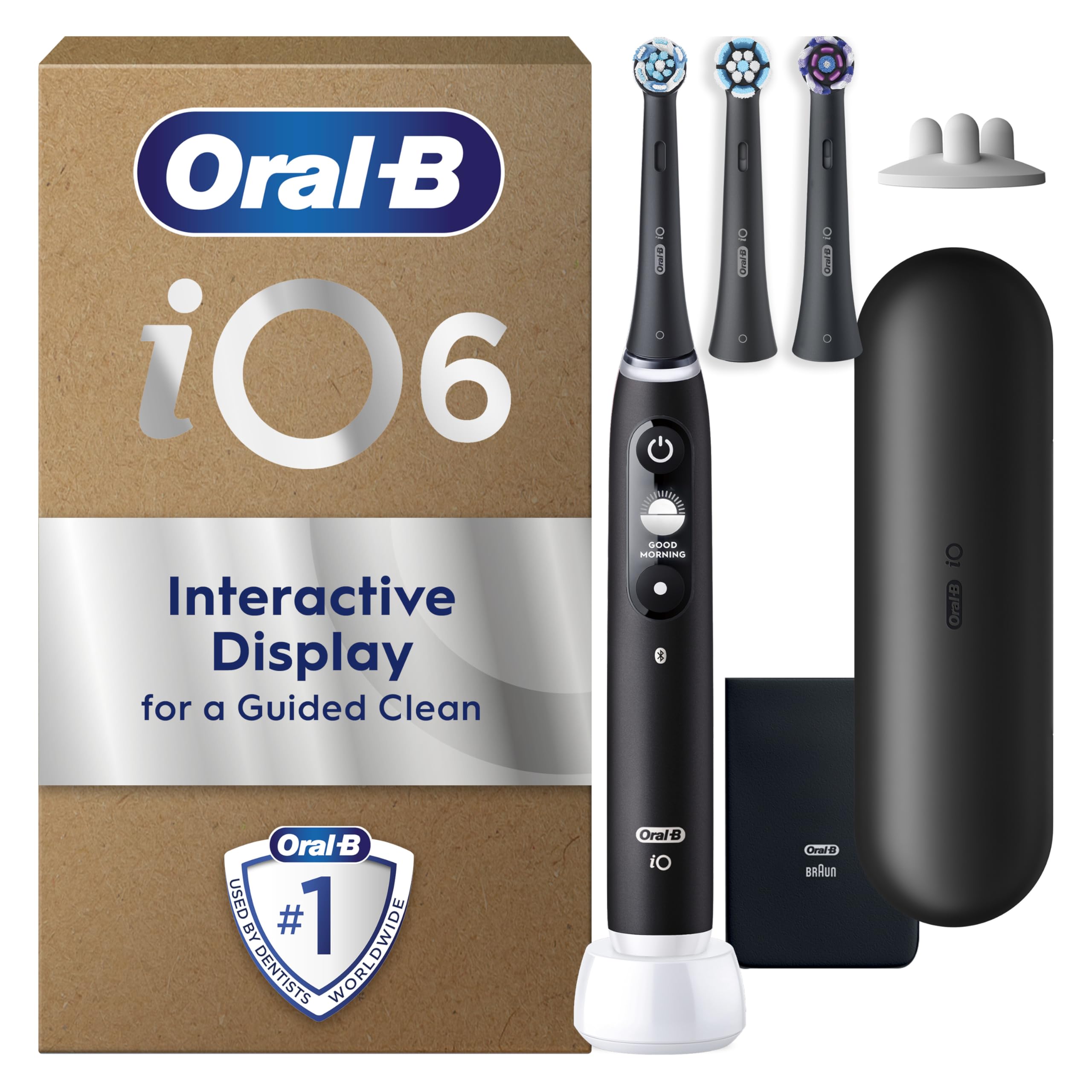 Oral-B iO6 Electric Toothbrushes For Adults, 3 Toothbrush Heads, Travel Case & Toothbrush Head Holder, 5 Modes With Teeth Whitening, 2 Pin UK Plug, Black