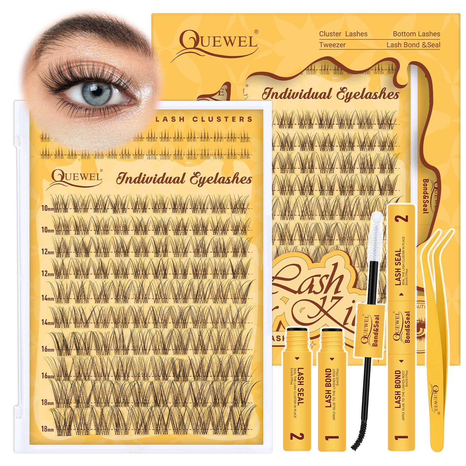 QUEWEL Natural Cluster-Lashes Kit with Bottom Lashes, D Curl Wispy Eyelash-Clusters Mix 10-18mm, Eyelashes-Individual Kit with Bond and Seal and Tweezers DIY lash extensions at home(SXJM LASH 04) — image 1