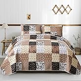 Mybedsoul Brown Patchwork Quilt Set California King Size,3 Pieces Khaki Floral Plaid Reversible Bedspread Coverlet Set for All Season,Summer Soft Microfiber Bedding Set 96"x 106"