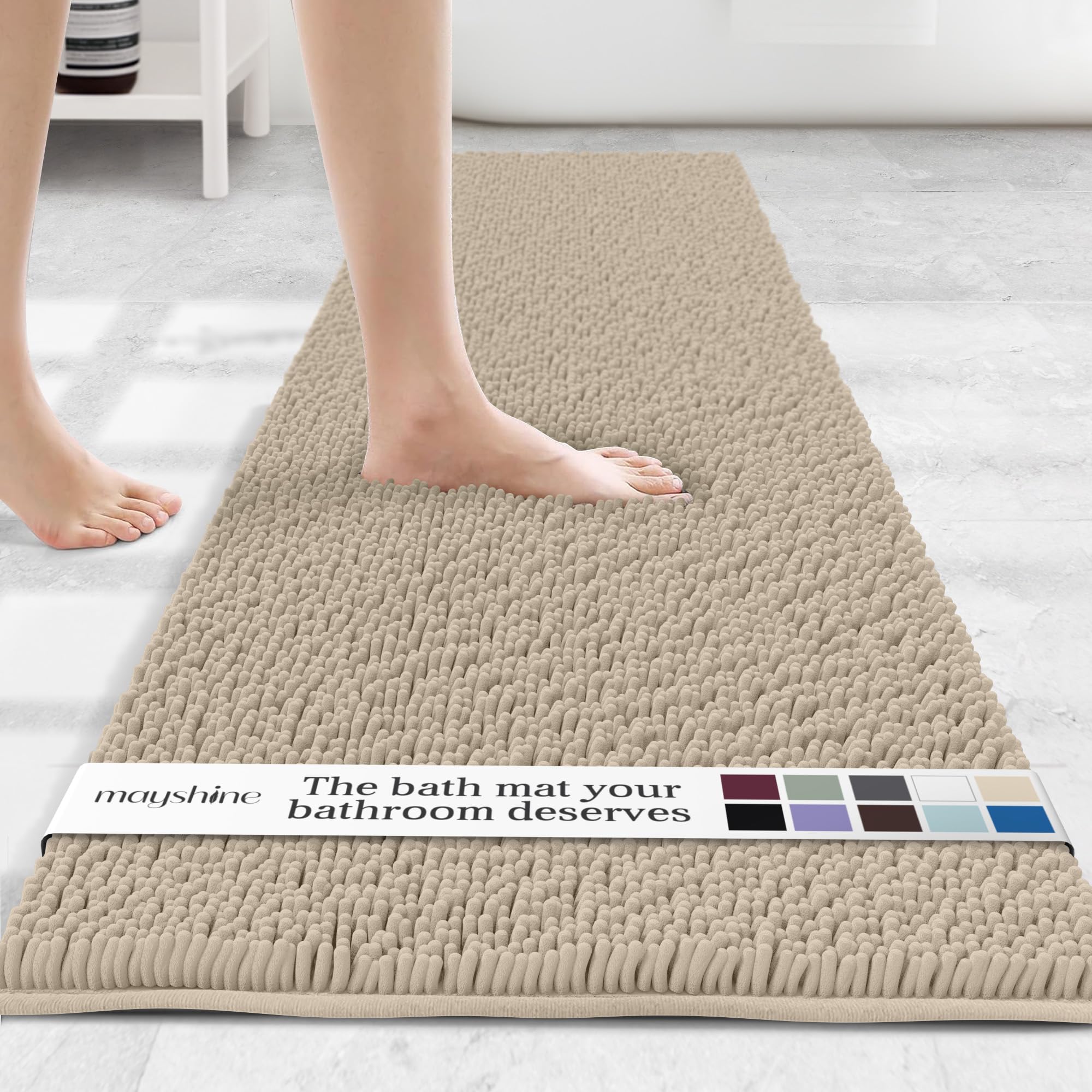 Photo 1 of MAYSHINE Plush Shaggy Chenille Bath Mat | Extra Soft, Super Absorbent, Non-Slip Bathroom Rug | Fluffy Microfiber, Area Rug Sets for Bathroom Floor, Kitchen, Living Room | 71"x31" | Beige