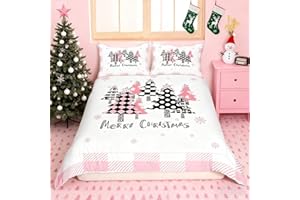 MANFEI Merry Christmas Duvet Cover Set Queen Size, Pink Plaid Xmas Trees Bedding Set 3pcs, New Year Holiday Quilt Cover with Zipper Closures, Kids Girls Santa Claus Room Decor, 2 Pillowcases, No Comforter