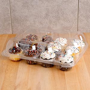5 Cupcake Containers Plastic Disposable | High Dome Cupcake Boxes 12 Compartment Cupcake Holders Disposable Cupcake Carrier | Dozen Cupcake Trays | Durable Cup Cake Muffin Packaging Transporter