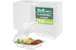 Freshware Clamshell Food Containers with Lids [8x8] 3-Compartment 100-Pack, Disposable To Go Containers, Biodegradable Sugarcane To Go Boxes - Paper Container - Microwave & Freezer Safe, Stackable