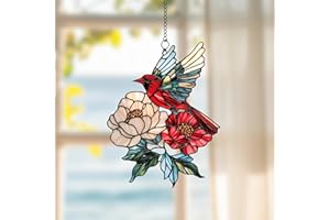GIKZO Cardinal Acrylic Suncatcher Stained Glass Effect Memorial Window Car Hanging Christmas Ornament Indoor Outdoor Decor Garden Sympathy Sun Catcher Panel for Family for Women Mom Grandma