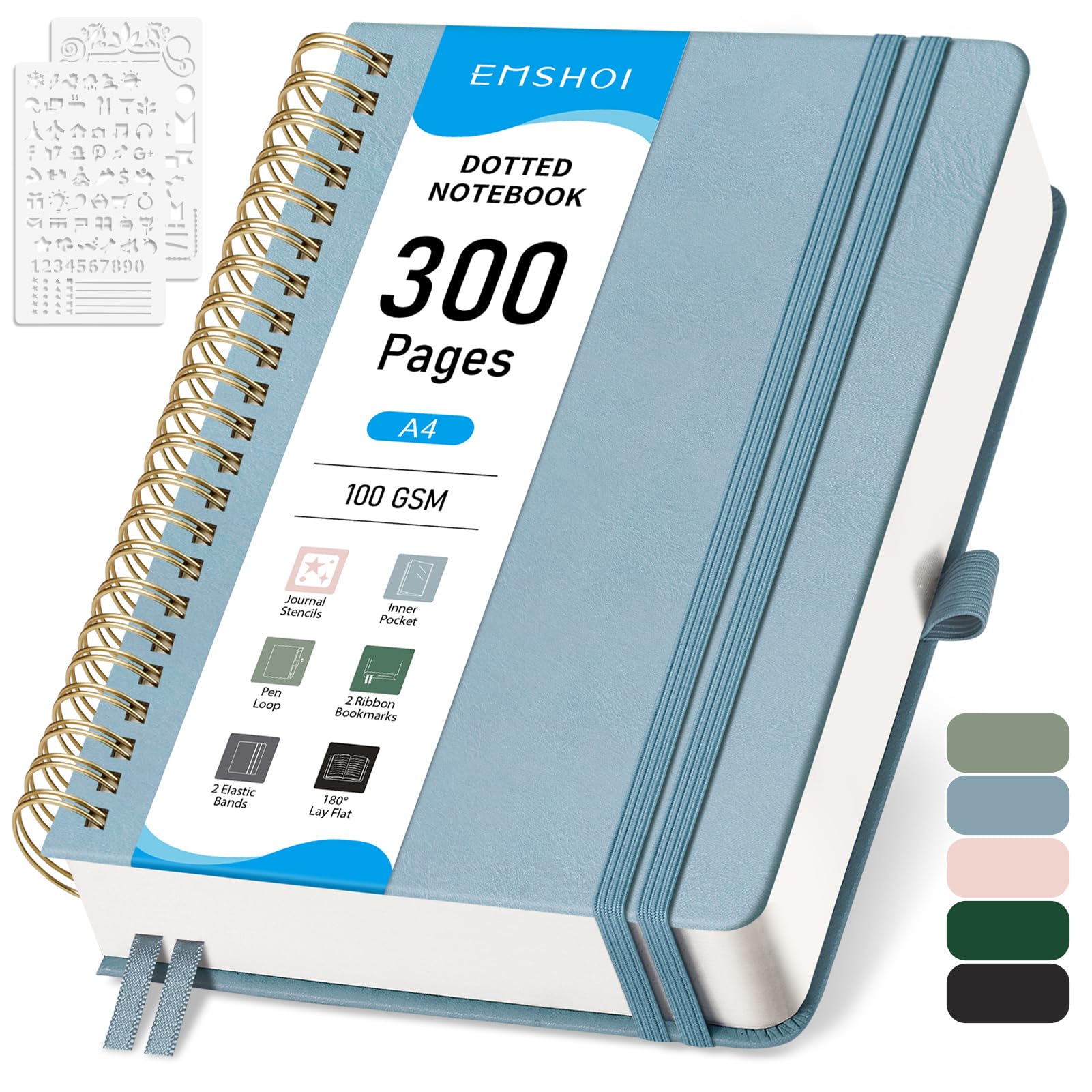 EMSHOI A4 Dotted Notebook, Spiral Notepad 150 Sheets/300 Pages, 100gsm, HardCover, Stencils, Pocket, Pen Loop, Ruler, Bookmark, Bullet Dot Grid Journal for Women Men Writing, 21x28.5cm, Gray Blue
