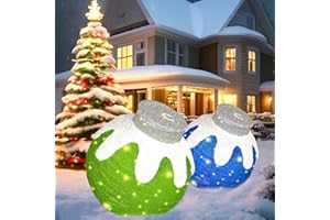 CINIQY 31 inches Pop-Up Large Outdoor Lighted Christmas Ball Decorations, 2Pcs Light Up Handmade Foldable Waterproof Safe Material LED Giant Hanging Outside Xmas Decor Ball for Yard Lawn Garden Patio