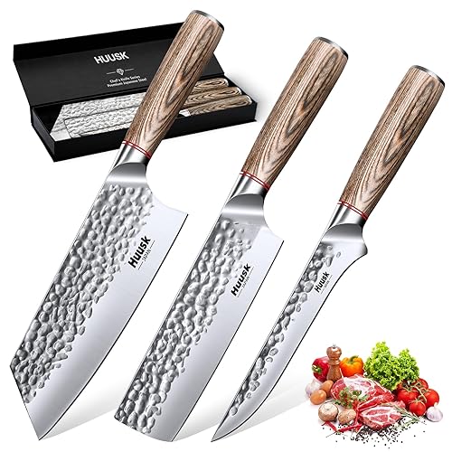 Huusk Kitchen Knife Set 3pcs - Japanese Nakiri Vegetable Knife, Meat Cleaver Boning Knife for Meat Cutting, Hand Forged Butcher Chef Knives Set for Kitchen Home Cooking, Father's Day Gifts for Men