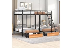 BOVZA Metal Triple Bunk Bed with Storage Drawers, Full Over Twin & Twin Bunk Beds, 3 Bed Bunk Bunk for Kids Teens Adults, Can be Separated into 3 Beds, Black