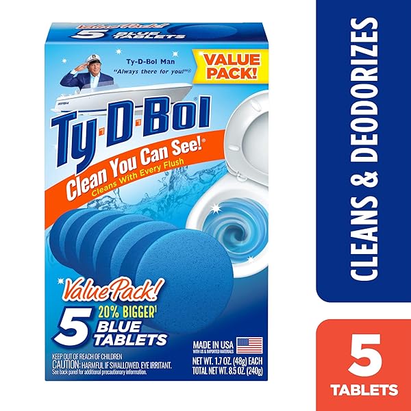 TY-D-BOL BLUE TABLETS VALUE 5 PACK, CLEANS AND DEODORIZER TOILETS FOR A FRESH SMELLING BATHROOM