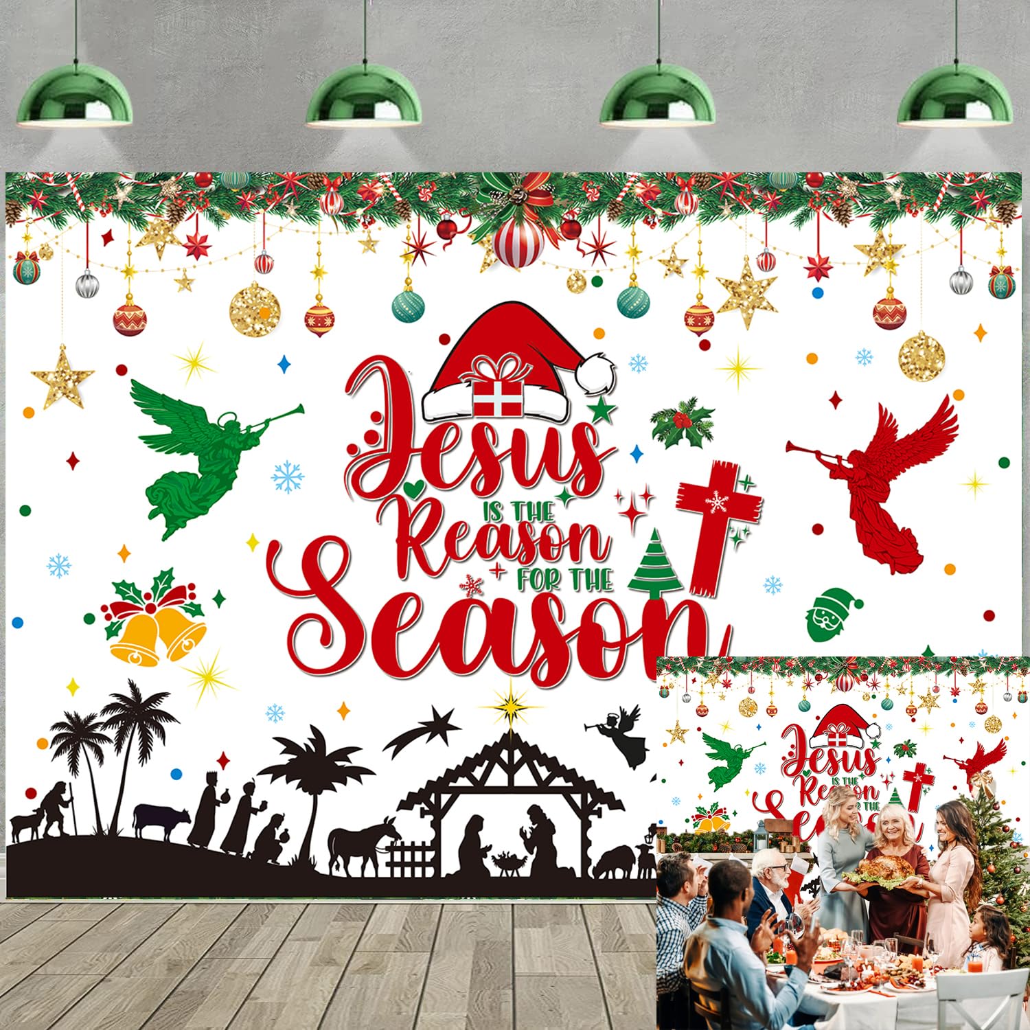 Photo 1 of **2 pack  **Christmas Nativity Backdrop Jesus is The Reason for The Season Merry Christmas Photography Background Religious Xmas Eve Family Party Decorations Banner Photo Props (7x5FT)
