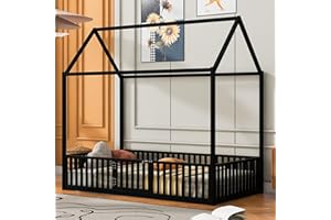 Merax Twin Size Montessori Floor Bed, Metal House Bed Frame with Roof for Kids, Teens, Girls, and Boys, No Box Spring Needed, Black