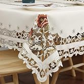 Arzoe Flower Embroidered Lace Cream Tablecloth Luxury Cutwork Table Cloths Cover Rectangular