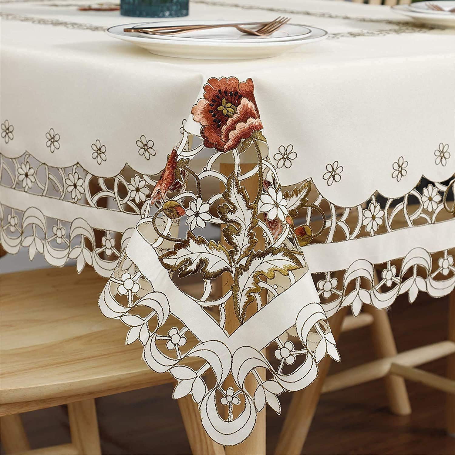 Arzoe Flower Embroidered Lace Cream Tablecloth Luxury Cutwork Table Cloths Cover Rectangular