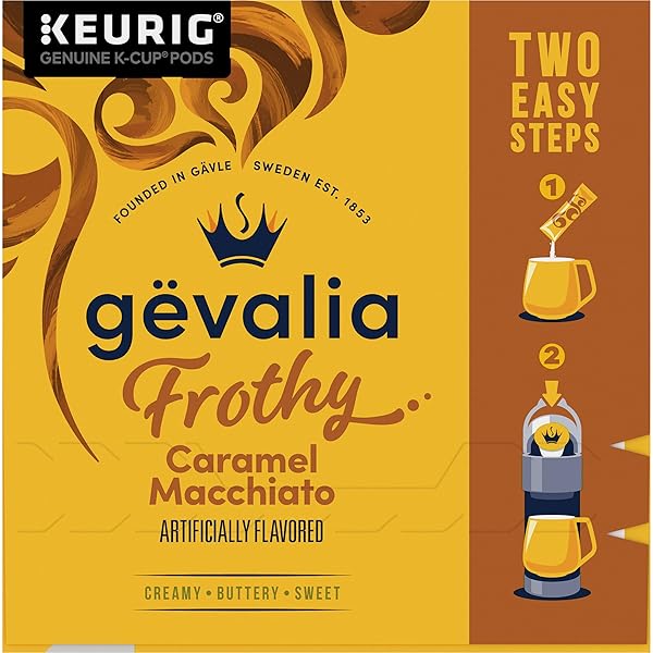 GEVALIA FROTHY 2-STEP ARTIFICIALLY FLAVORED CARAMEL MACCHIATO ESPRESSO STYLE K-CUP COFFEE PODS & FROTH PACKETS KIT, 6 CT BOX