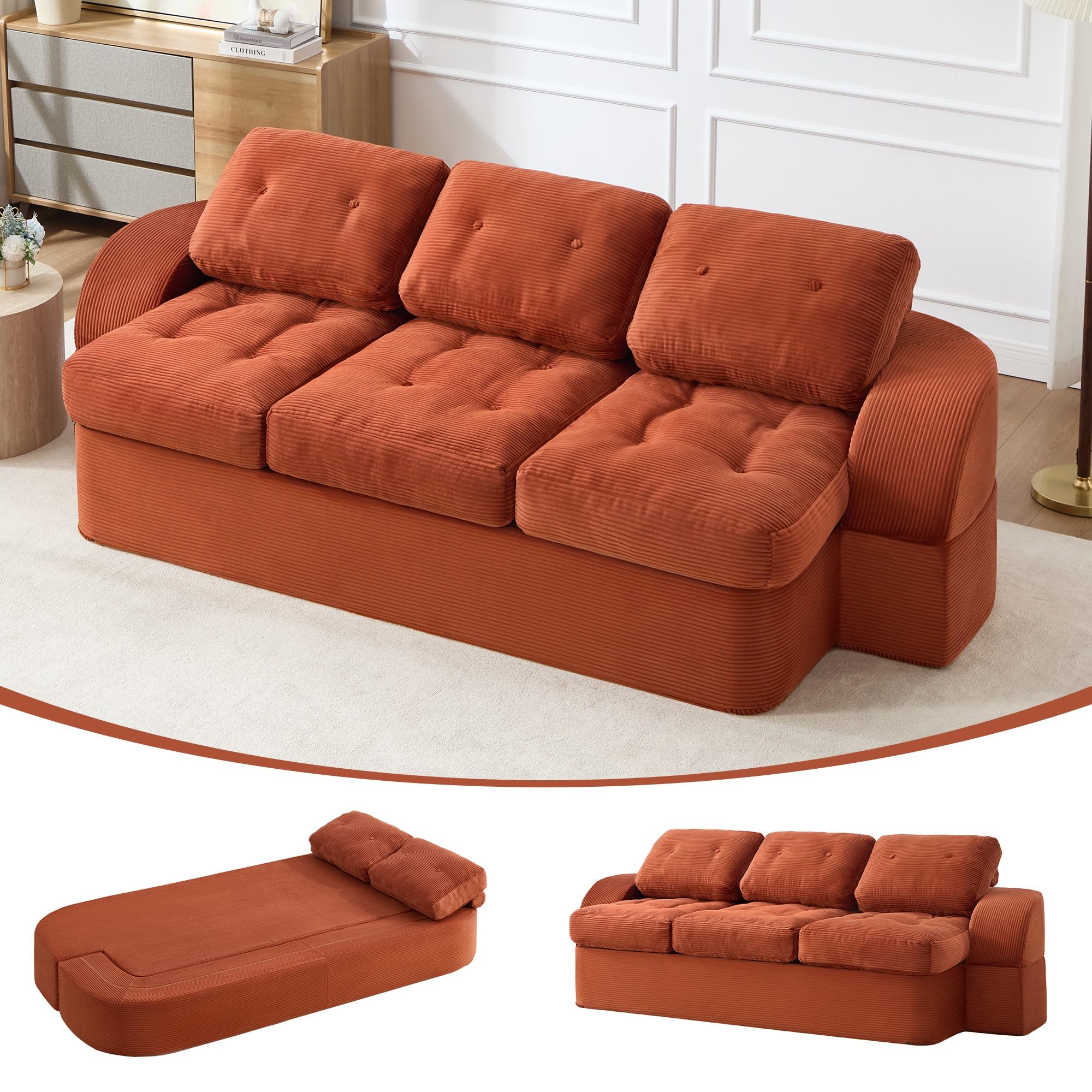 Photo 1 of Convertible Sofa Bed,3 Seats Boneless Couches for Living Room 2 in 1 Folding Couch,Fold Out Floor Couch with Pillows,Cloud Floor Loveseat,Floor Futon Sleeper for Living Room Bedroom Lounge,Orange