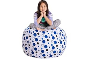 POSH CREATIONS Posh Stuffable Kids Stuffed Animal Storage Bean Bag Chair Cover - Childrens Toy Organizer, Large 38" - Canvas Bubbles Blue and White