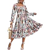 Amegoya Women's Boho Flowy Long Sleeve Square Neck Floral Midi Dress Smocked Spring Fall Wedding Guest Dresses