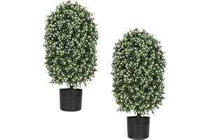 LUWENER 2pcs 31inch Artificial Topiary Ball Plants,Faux Boxwood Ball in Pot with White Fruits,Fake Outdoor White Berries Plant for The Front Door,Home Decor,Garden,Wedding Decor