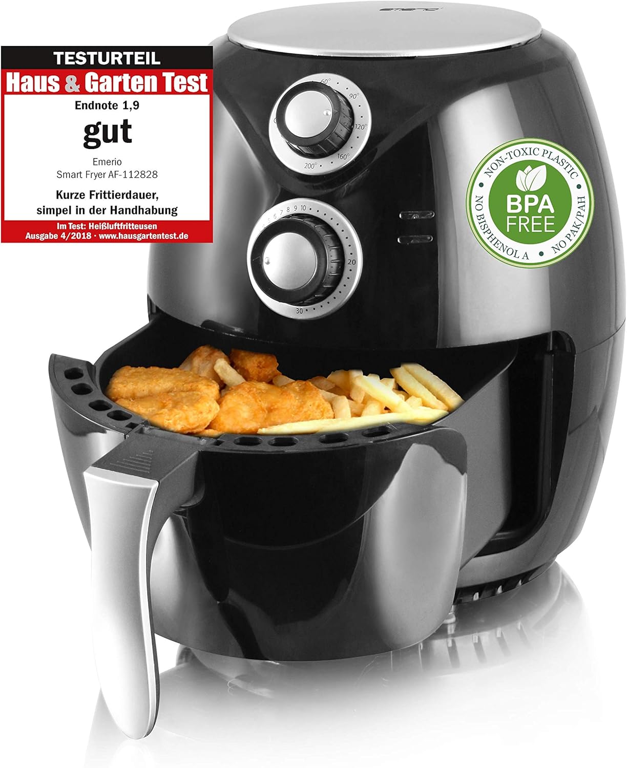 Emerio Heißluftfritteuse, Airfryer, Smart Fryer, Test "GUT", Frittieren ohne Öl, 3,6 Liter Volumen, 1400 Watt, AF-112828