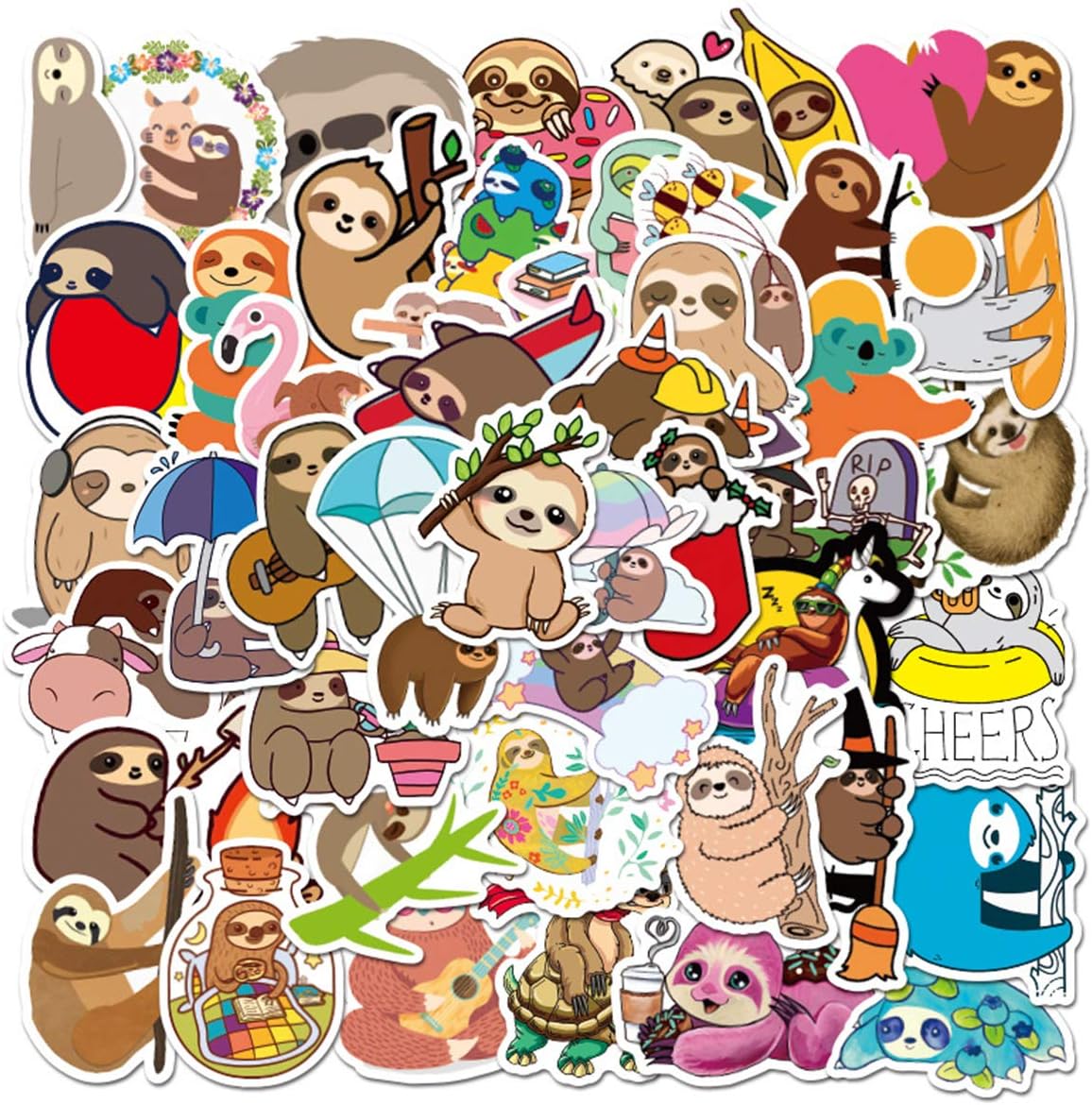 Sloth Stickers Pack for Water Bottle,Waterproof Vinyl Cute Stickers Perfect for Hydro Flask Laptop Phone Car Skateboard Travel Case Bicycle Bumper Snowboard Decor （Sloth 50 Pcs）