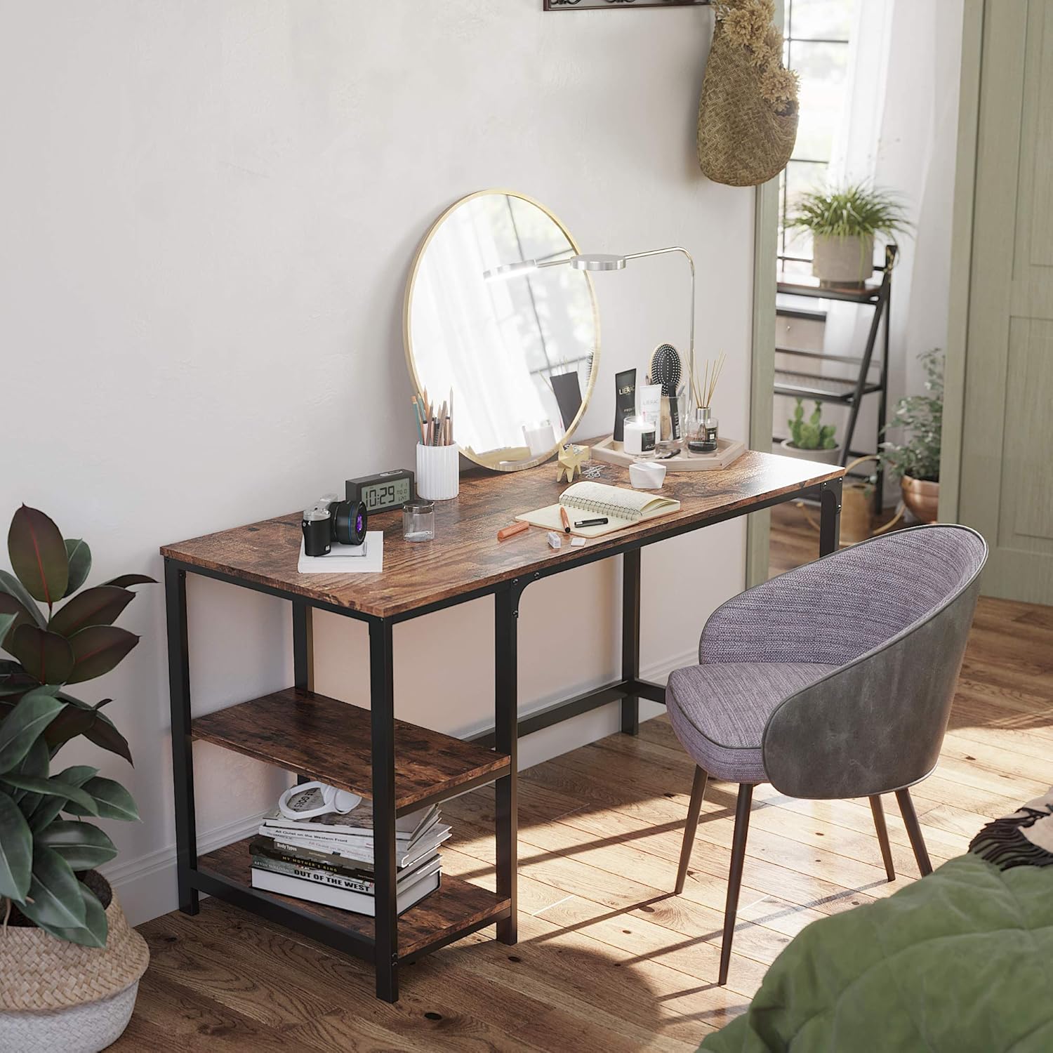 VASAGLE Computer Desk, 55-Inch Writing Desk, with 2 Shelves on Left or Right, Stable Steel Frame, Easy Assembly, Rustic Brown and Black ULWD55X: Home & Kitchen